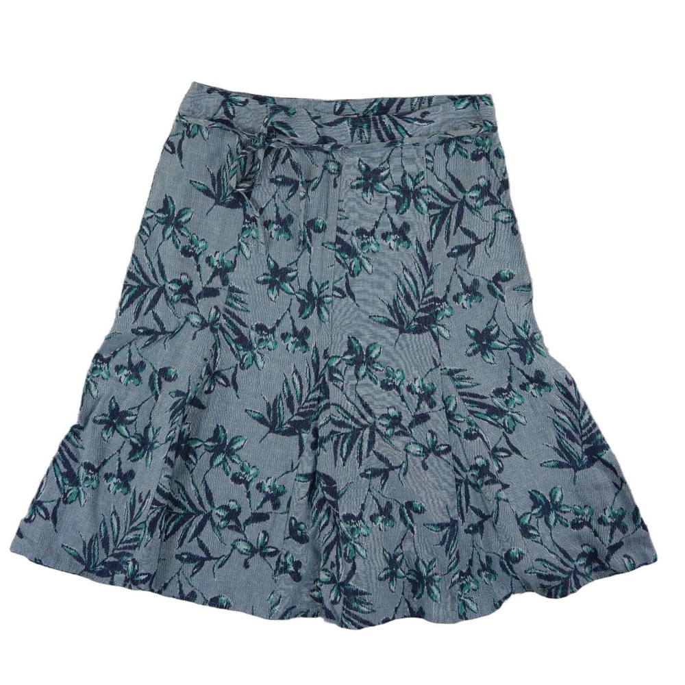 JM Collection 100% Linen Midi Skirt Women's Size 14 Blue Floral Tie Waist A Line